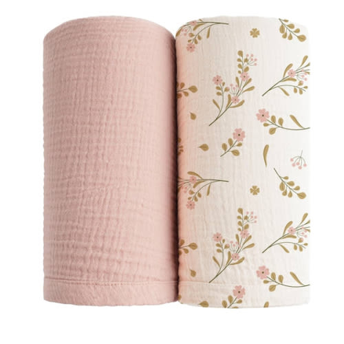 Konssy Muslin Swaddle Blankets for Boys Girls, 2 Pack Receiving Baby Blanket Large 47 x 47 inches, Soft Breathable Swaddling Wrap for Unisex Newborn (Pink, Floral)