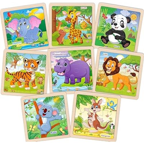 Wooden Puzzles for Toddlers, 9 Pieces Animal Jigsaw Puzzles for Kids Ages 3-5 4-6, Preschool Learning Activities, Learning & Educational Toys, Gifts for Boys, Girls (8 Pack)