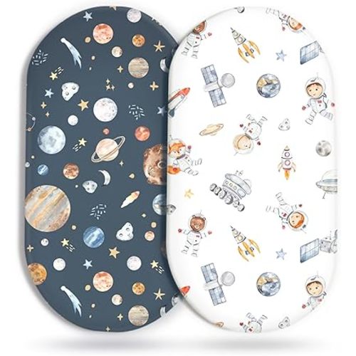 Stretchy Ultra Soft Fitted Bassinet Sheet Set 2 Pack, Universal Fit for Bassinets Baby Cradle Moses Basket Oval Rectangle Mattress Safe and Snug, Space Stylish Print