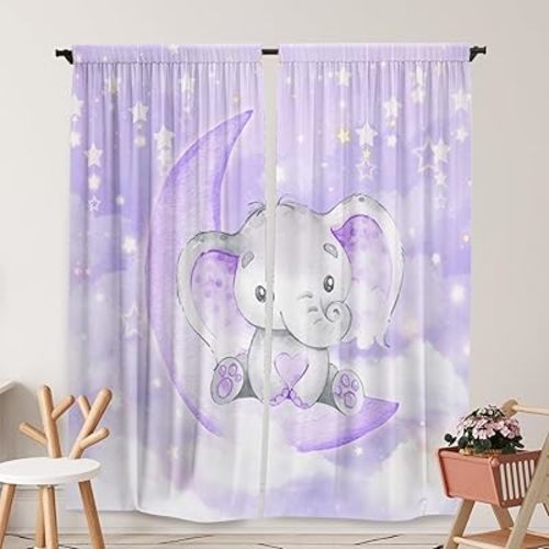 Watercolor Purple Elephant Window Curtains for Kids Boys Girls Twinkle Star Baby Living Room Bedroom Nursery Toddler Home Rod Pocket Drapes Party Decor Durable Fabric 84 in x 84 in