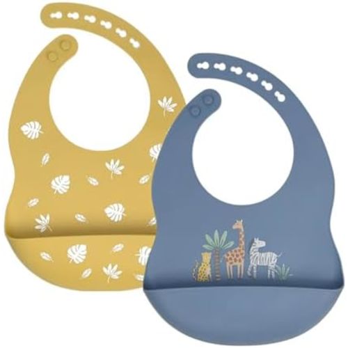 Baby Silicone Bibs 2 Sets Baby Bibs with Food Catcher for Girls Boys Toddlers BPA Free Waterproof Soft Durable
