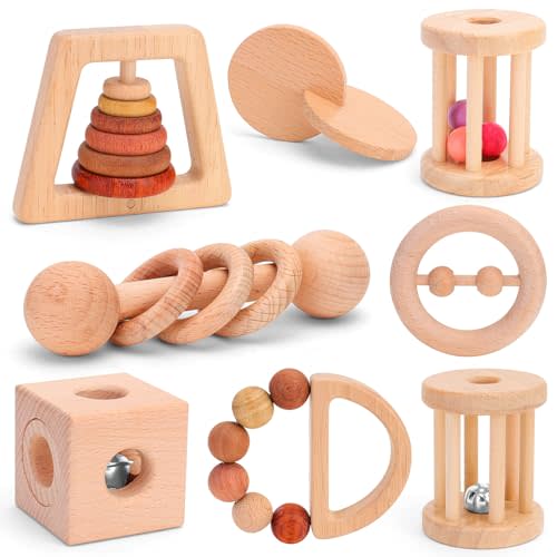 8 Pieces Montessori Baby Wooden Toys for 0-6-12 Months Babies, Wood Rattles and Teethers Toy Set with Bells for Newborn Infant Boys and Girls Gifts