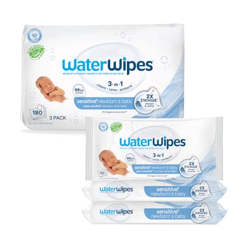WaterWipes Sensitive+ Newborn & Baby Wipes, 3-In-1 Cleans, Cares, Protects, 99.9% Water, Unscented & Hypoallergenic, 180 Count (3 Packs)