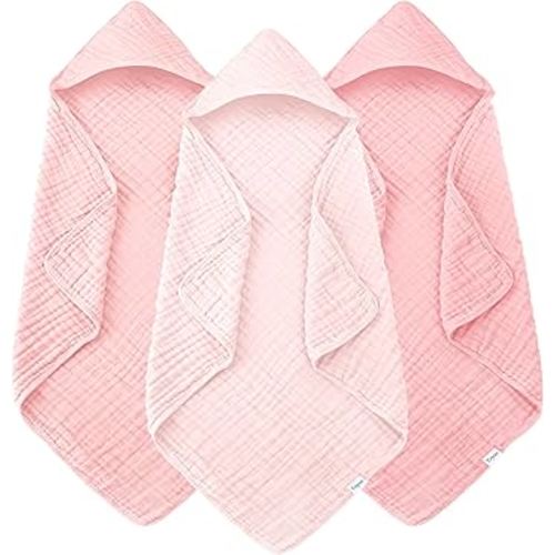 Muslin Hooded Baby Bath Towels - 3 Pack 100% Cotton Ultra-Soft Towels for Newborns, Infants, Toddlers - 32x32 Inch - Highly Absorbent, Quick-Dry Essentials for Bath Time, Beach, Pool, Pink Series