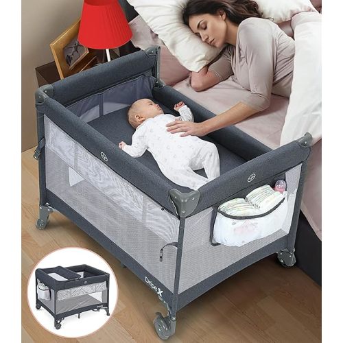 Dripex Pack and Play, 5 in 1 Baby Bassinet Bedside Sleeper, Baby Bedside Crib with Mattress, Changing Table, Removable Rocker, Foldable Playard for Newborn to Toddlers, Portable Playpen, Dark Grey