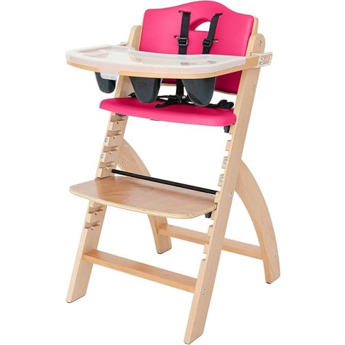 Abiie Beyond Junior Wooden High Chair with Tray - Adjustable and Convertible High Chair for Babies and Toddlers - 6 Months to 250 Lb - Water Resistant - Natural Wood/Raspberry Cushion