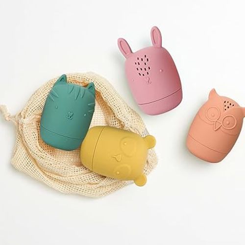 Bumble Bear Mold Free Silicone Bath Toys, Baby Bath Toys 6-12 Months, Toddlers 1-3, Non Toxic Infant Bathtub Toy, Water Toys, Pool Toy, Dishwasher Safe (Coral with Mesh Bag)