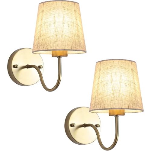 LASENCHOO Gold Wall Sconces Set of Two, Modern Sconces Wall Lighting Vintage Wall Light Fixtures with Fabric Lampshade, Bedside Wall Lamps for Bedroom Living Room Hallway Entryway