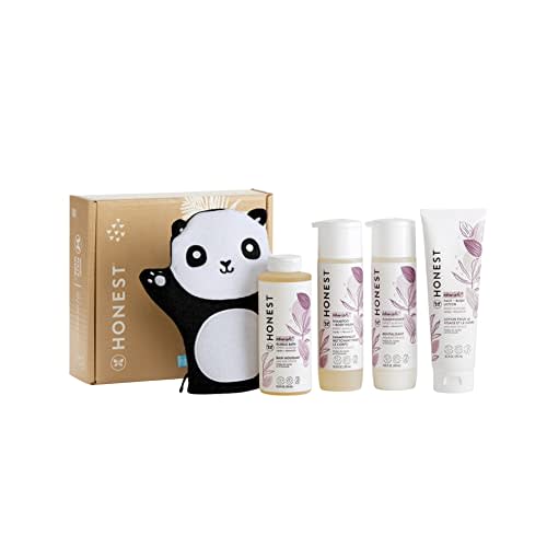 The Honest Company Sweet Almond Bathtime Essentials Bundle | Shampoo + Body Wash, Conditioner, Face + Body Lotion, Bubble Bath, Panda Bath Mitt | Naturally Derived, Tear-free, Hypoallergenic