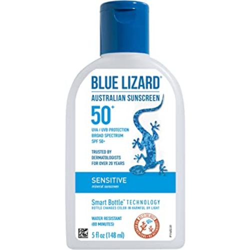 BLUE LIZARD Sensitive Mineral Sunscreen with Zinc Oxide, SPF 50+, Water Resistant, UVA/UVB Protection with Smart Bottle Technology - Fragrance Free, 5 oz