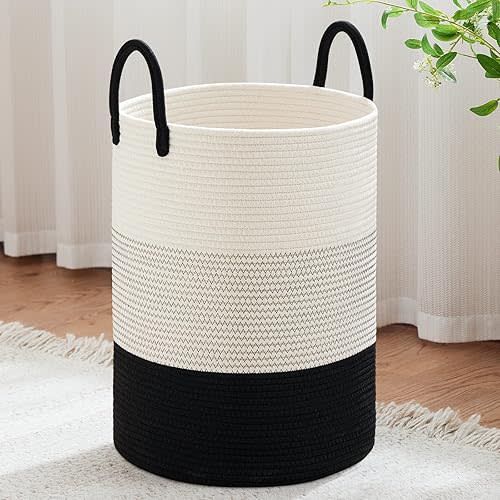 VIPOSCO Large Laundry Hamper, Tall Woven Rope Storage Basket for Blanket, Toys, Dirty Clothes in Living Room, Bathroom, Bedroom - 100L White & Black