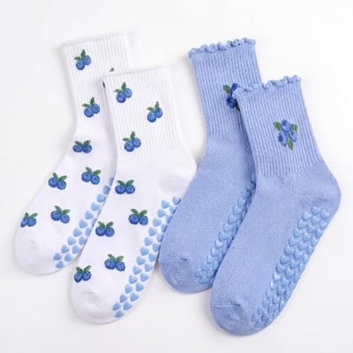 Cuffbow 2 Pairs Cute Pilates Socks with Heart Grips for Women Ruffle Non-slip Grippy Crew Sock for Yoga Barre