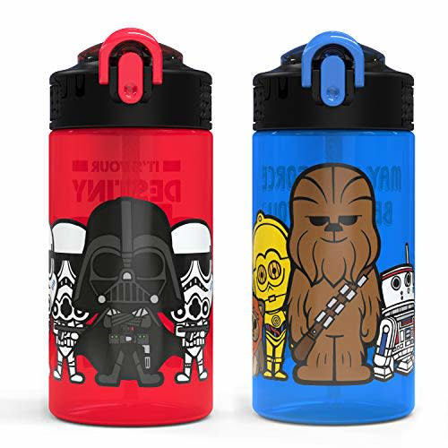Zak Designs PP Park Straw Kids Durable Plastic Spout Cover and Built-in Carrying Loop, Leak-Proof Water Design for Travel, (16oz, 2pc Set), 2 Count (Pack of 1), Darth Vader Bottle 2pk