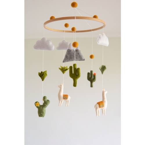 Nursery mobile Baby mobile with llamas and cactus Crib mobile Desert nursery Mustard nursery decor Mountain Hanging mobile nursery decor