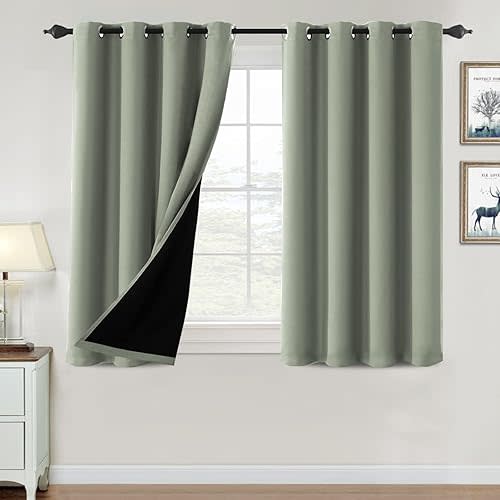 H.VERSAILTEX 100% Blackout Curtains for Bedroom Thermal Insulated Blackout Curtains 45 inch Length Full Light Blocking Window Drapes for Living Room with Black Liner 2 Panels, Light Sage