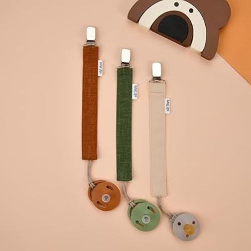 Baby Pacifier Clip, 100% Cotton Pacifier Clip, Handmade Baby Pacifier Holder, Lightweight and Tear-Resistant Pacifier Strap (Triple Pack - Tile Color, Green, Beige)