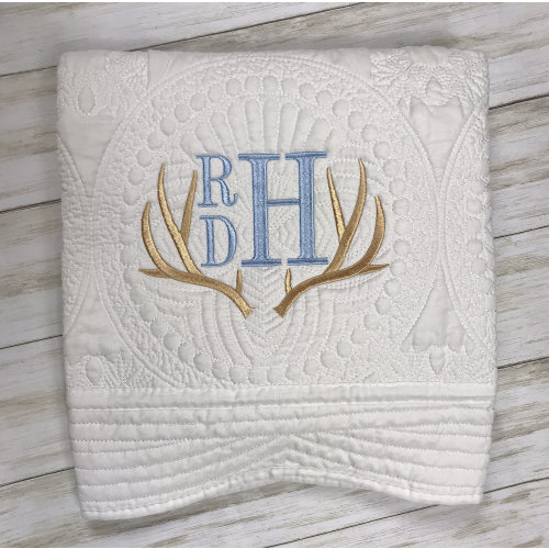 Baby Boy Monogrammed Antler Heirloom Quilt, Woodland Deer Baby Quilt, Baby Shower Gift, Baby Blanket, Baby Keepsake