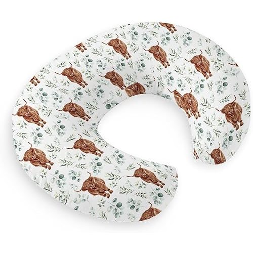 HawSkgFub Highland Cow Eucalyptus Leaf Nursing Pillow Cover for Baby Boy, Western Farm Animal long horn cow Yak Breastfeeding Pillow Slipcover, cowboy Nursing Pillowcase for Newborn Infant, Cover Only