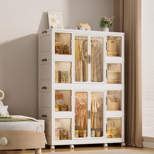 Portable Wardrobe Closet Storage Organizer for Clothes Dresser,12 Magnetic Doors-12 Cubes&2 Hanging Rod,16 pcs hangers, Baby Wardrobe Storage Cabinet