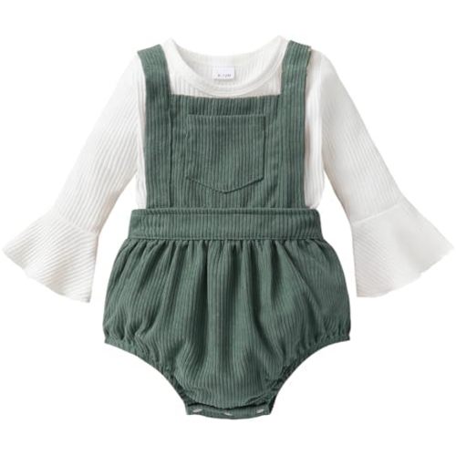 Tiny Cutey Newborn Baby Girl Clothes Bell Sleeve Romper and Corduroy Overalls Shorts Infant Girl Fall Outfits