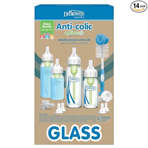 Dr. Brown's Anti-Colic Options+ Narrow Glass Baby Bottle Starter Set with Silicone Bottle Sleeves, Levels 1, 2, and 3 Nipples, Soft Touch Cleaning Brush, Storage/Travel Caps, and HappyPaci