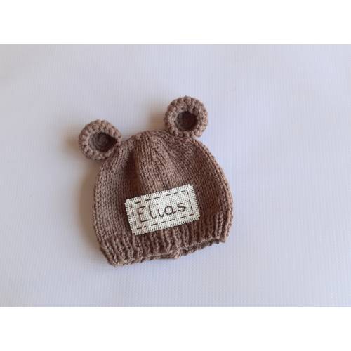 Personalized newborn bear hat with ears-handmade custom baby gift boy girl-newborn bear photo prop-monogram knit baby bear cap with name