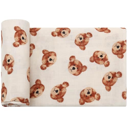 LifeTree Muslin Baby Swaddle Blankets, Boys Girls Muslin Swaddling Wrap Receiving Blanket for Newborn, 70% Viscose from Bamboo and 30% Cotton, Large 47" x 47", Bear Head Pattern
