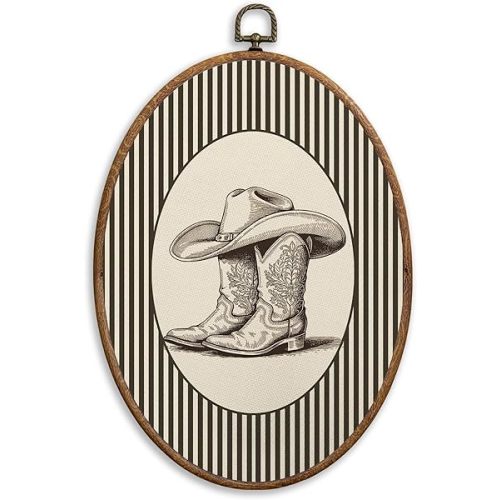 SONMYSULIL Vintage Western Cowboy Wall Art Decor, Rustic Western Oval Wall Hanging Decor, Country Southwestern Cowboy Boots Framed Canvas Prints for Home Bedroom Living Room, 8.6x11.4 Inch