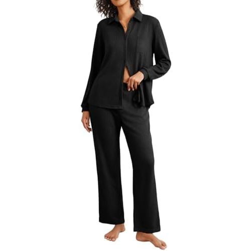 Ekouaer Womens Waffle Knit Pajamas Set 2 Pieces Loungewear Long Sleeve Button Down Matching Sleepwear