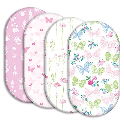 Gllquen Baby Bassinet Sheets 4 Pack, Breathable Cozy Fitted Mattress Sheet, Elastic Travel Crib Fashionable Floral Pattern, Standard Cradle Safe Sheets for Baby Boy Girls 32"X16" (Butterfly)