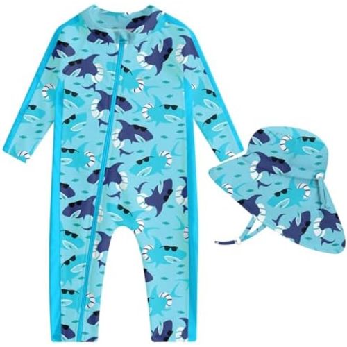 UNIFACO Baby Boy Swimsuit UPF 50+ Sun Protection One Piece Zip Bathing Suit with Sun Hat Infant Sunsuit Swimwear