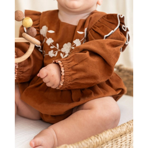 Viverano Organics Floral Embroidered Baby Corduroy Romper in Rust
