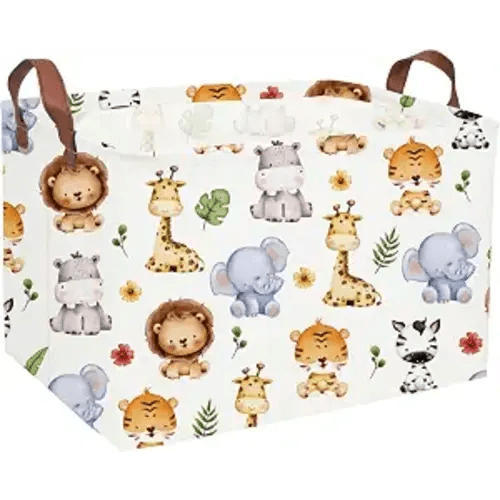 Rectangular Kids Storage Bins,Baby Baskets Organizer.Waterproof PE Coating Cute Basket with Handles.Woodland Nursery Decor,Toys Box,Books Basket, (Cute Animal)