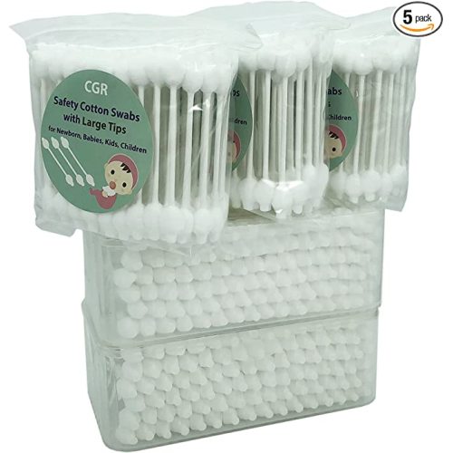 400pcs CGR Baby Safety Cotton Swabs with Large Tips for Newborn, Babies, Kids, Children, 100% Organic Cotton, White Paper Sticks, 5 Pack of 80 Swabs Total(2 Boxes and 3 Bags)