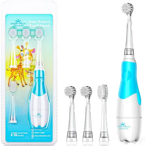 DADA-TECH Toddler Electric Toothbrush Kids Age 1-2-3 Years Old, Baby Electric Toothbrush with LED Light 2 Minutes Timer 4 Vibrating Heads for Infants Toothbrush 6 to 12 Months and Up (Blue)