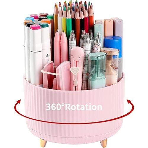 Desk Pencil Pen Holder, 5 Slots 360°Degree Rotating Pencil Pen Organizers for Desk, Desktop Storage Stationery Supplies Organizer, Cute Pencil Cup Pot for Office, School, Home, Art Supply, Pink