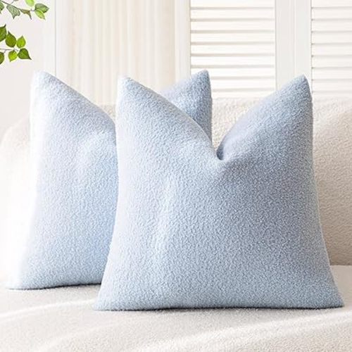 Foindtower Pack of 2, Curly Faux Fur Decorative Throw Pillow Covers Soft Fuzzy Plush Cushion Case with Zipper Cozy Pillowcase for Home Living Room Couch Bed Sofa 20 x 20 Inch, Light Blue