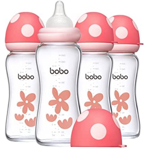 YOHKOH Natural Glass Baby Bottle with Natural Response Nipple, Newborn Anti-Colic Baby Bottles, Wide Neck Mushroom Cap Baby Bottle, Clear (Red, (8.8oz (Pack of 4))
