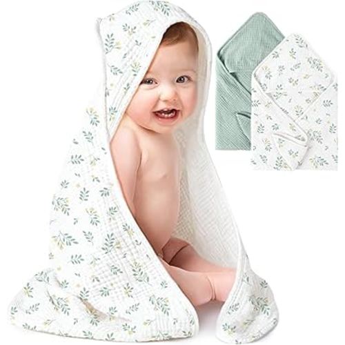 Konssy 2 Pack Muslin Hooded Baby Towels for Newborn Soft 100% Cotton Baby Bath Towel with Hood for Baby, Infant Ultra Absorbent, Baby Stuff Baby Bath Shower Gifts (Green, Leafy,30" x 30")