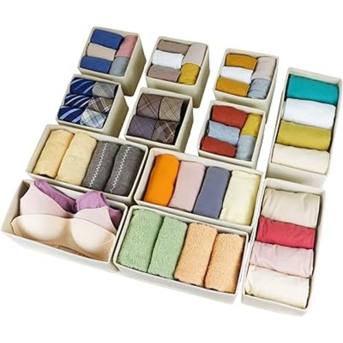 Set of 12 Drawer Organizer, Fabric Closet Organizer and Storage Baskets,Foldable Drawer Divider for Clothing,Sock,Ties,Underwear Drawer Organizers,Set of Cabinet Storage Boxes (Beige)