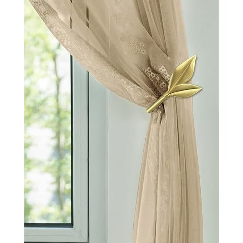 Gold Curtain Holdbacks, Metal Olive Leaf Curtain Tiebacks Wall Mounted, Curtain Holders for Wall, Curtain Pull Back Hooks, Decorative Curtain Side Hooks for Drapes and Curtains