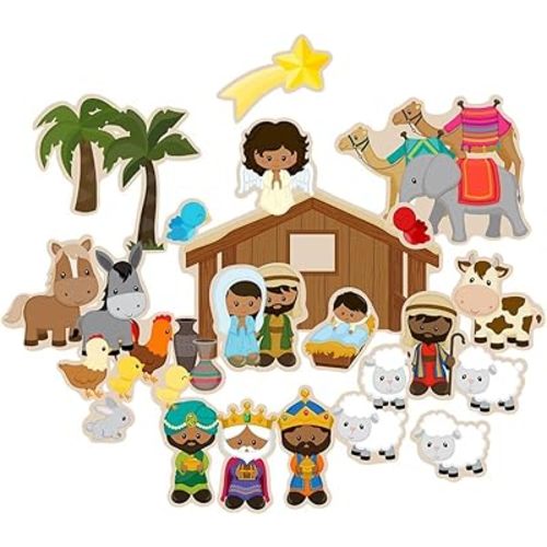 Story Time Felts Nativity Set Birth of Baby Jesus Christ Felt Figure Flannel Board Set 29 Pieces Bible Dark Skinned People (Figures only (no Background))