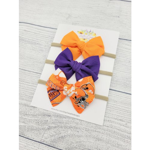 Clemson fabric hair bows - set of 3 baby bows - Clemson Tigers - Tigers baby gift - orange and purple bows - football bows - baby headbands