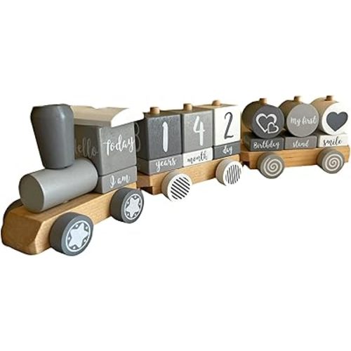 Baby Monthly Milestone Blocks - Wooden Train - 3 Cabins and 17 Removable Blocks - Nursery Decor - Baby Milestone - Milestone Blocks