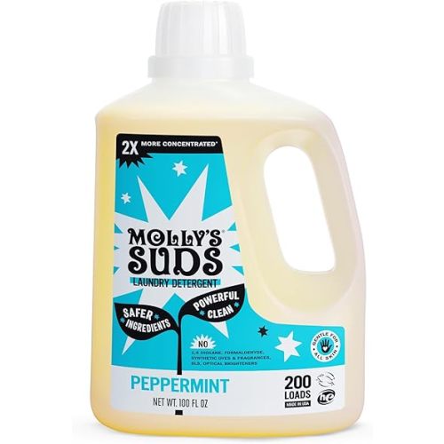 Molly's Suds Liquid Laundry Detergent | Clean Laundry Detergent Soap for Sensitive Skin | 2x Concentrated, High Efficiency (HE) (Peppermint - 200 Loads)