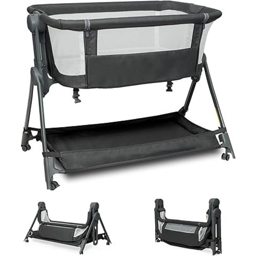 Bassinets Bedside Sleeper, Baby Bassinet One-Button Folding Portable Bedside Bassinets, Breathable Mesh and Soft Mattress, Adjustable Height Baby Crib with Storage Basket and Wheels for Newborn