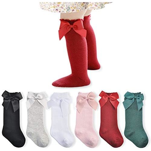 Baby Girl Knee High Socks 5/6/8 Pairs Knit Tube Socks Ruffled Hollow out Long Stockings with Bow