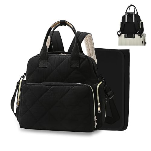 Large Diaper Backpack with Changing Pad, 6 in 1 Travel Diapers Baby Bag for Mom Quilted Mommy Daipering, Hospital Bag for Women Labor Delivery Maternity Tote (Black)