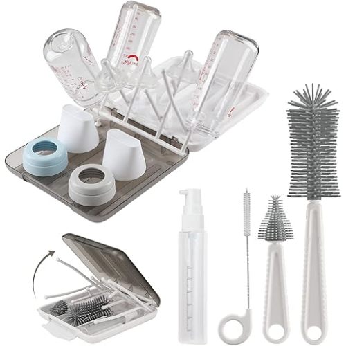 Baby Bottle Brush,6 in 1 Bottle Cleaner Set with Extendable Silicone Bottle Brush,Drying Rack,Nipple & Straw Brushes,Soap Dispenser & Organizer Case,Ideal Gifts for Babies& Moms