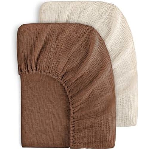 Yoofoss Muslin Crib Sheets for Boys Girls 100% Cotton Fitted Baby Crib Sheet 2 Pack Soft and Breathable for Standard Crib Mattress & Toddler Mattress 52"x28" Apricot&Brown